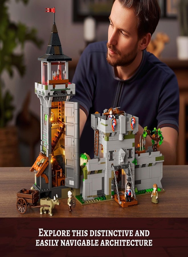 FUNWHOLE Medieval Watchtower Lighting Building-Bricks Set - Guardiance Castle with Soldier Farmer Minifigures Collectible Display Set 1625 Pcs for Adults and Teen - Image 2
